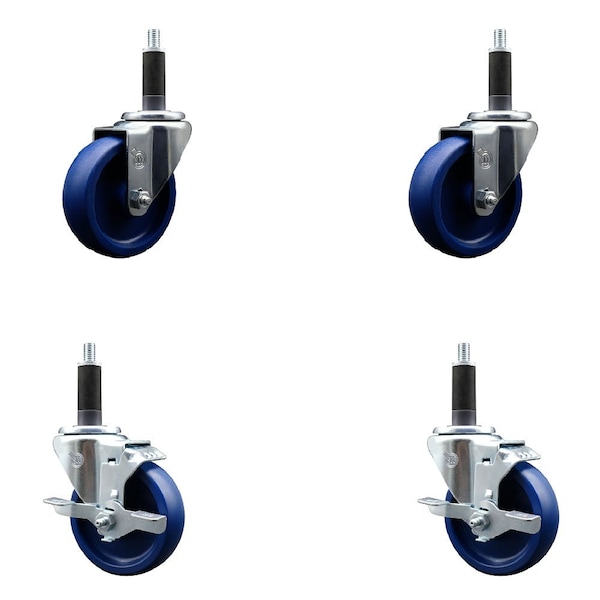 4'' Solid Poly Wheel Swivel 1'' Expanding Stem Caster Set 2 Brakes, 4PK